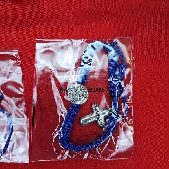 St. Benedict Blessed Cross Blue Bracelet Adjustable String Silver Tone Metal - Picture 5 of 6